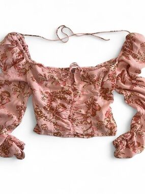 Free People Pink Floral Off-Shoulder Puff Sleeve Crop Top